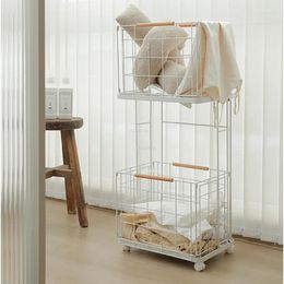 Laundry Bags Nordic Iron Art Shelf Clothes Storage Basket Home Double Baskets Bathroom Pulley Dirty With Wheel