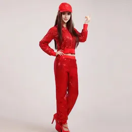 Women's Two Piece Pants Sequin Decoration Costume Set Shiny Adult Performance Suit With Hooded Zipper Elastic Waist For Cheerleader Hop
