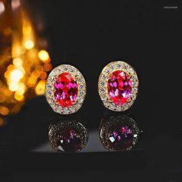 Stud Earrings Super Sweet Rupee Pink Tourmaline 925 Silver Oval Paired With High Carbon Diamond Versatile Jewellery