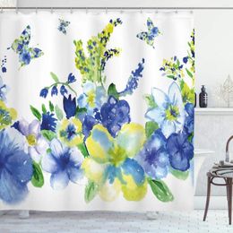 Shower Curtains Yellow And Blue Curtain Spring Flower Watercolour Flourishing Vibrant Blooms Design Cloth Fabric Bathroom Deco
