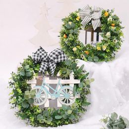 Decorative Flowers 48cm Spring Wreath With Bowknot Artificial Flower Green Leaves Garland Front Door Porch Welcome Sign Wall Hanging Home