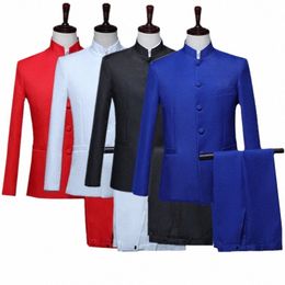 new Men Pure Colour Busin Formal Wedding Banquet Suit 2 Piece Red / White Men's Chinese Style Standing Collar Blazer Trousers W4t8#