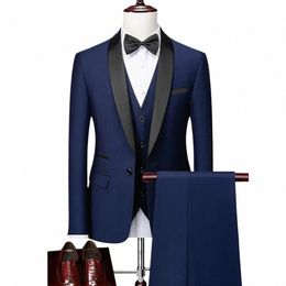 men's Lapel Black Collar 3 Piece Suit Set Coat Vest Trousers / Busin Groomsmen Groom Wedding Dr Fprmal Blazer Pants N2bB#