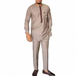 mans Tracksuits Suits Set Kaftan Embroidered Lg Sleeve Tops Pants 2Pcs Set Outfits Wedding Wear African Ethnic Casual Clothing 74HK#