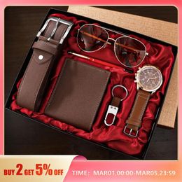 SHAARMS Men Gift Watch Business Luxury Company Mens Set 6 in 1 Glasses Pen Keychain Belt Purse Welcome Holiday Birthday 240315
