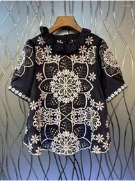 Women's Blouses High Quality Linen Blouse 2024 Summer Fashion Tops Women Luxurious Embroidery Short Sleeve Casual Vintage Dark Blue Female