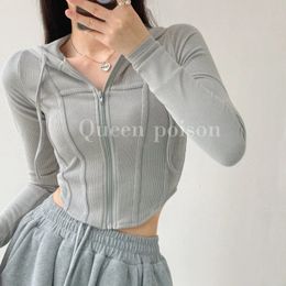 Knitted Zip Up Crop Top Slim Short Hoodies Sexy Cropped Cardigan Irregular Cut Knit Jackets Korean Fashion Female Autumn Coats 240328