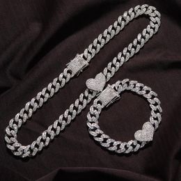 Chains 2Pc Set Rapper Full Heavy Heart-shaped Cuban Link Bracelet Iced Women For Men Necklcae Chain Prong Pave Luxury Hiphop Jewel220V