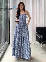 Casual Dresses Plaid Off Shoulder Sheath Dress Temperament Sleeveless Women French Design Waisted Seaside Vacation Long