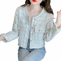 lucyever Korean Fi Tweed Woollen Jacket Women Autumn Single Breasted Plaid Tassel Office Lady Outwear Vintage Short Coat Q0mF#