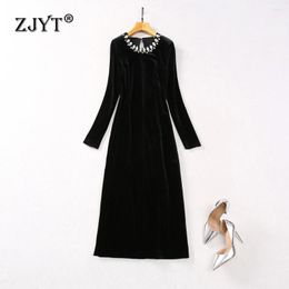 Casual Dresses ZJYT Luxury Diamonds Long Black Velvet For Women Spring 2024 Designer Sleeve Straight Formal Party Dress Elegant