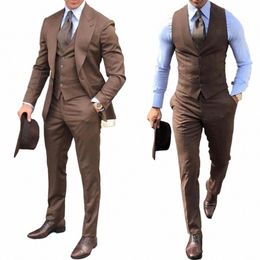 brown Men Suit Busin Office Jacket Pants Vest Three-Piece Set Slim Fit Outfit Wedding Tuxedo for Male Custom Costume Homme 89hN#