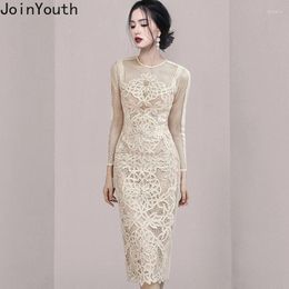 Casual Dresses Temperament Robe Femme Korean Lace Bodycon For Women O-neck Long Sleeve Tunic Floral Maxi Vestidos De Mujer 2024