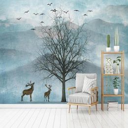 Wallpapers Custom 3D Nordic Big Tree Mountain Clouds Cloud Elk Bird TV Sofa Bedroom Background Wallpaper Mural