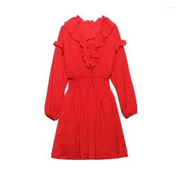 Casual Dresses YENKYE Ruffled Red Dress For Women 2024 Lace Up V Neck Long Sleeve Robe Vintage Elastic Waist Party Mini
