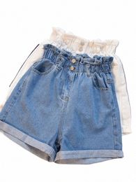 Jielur Sommer Schwarze Frauen Denim Shorts Frauen S-5XL Harem Rüschen Weiß Blau Hohe Taille Shorts Weibliche Elastische Kurze Jeans i1Cp #