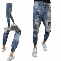 fi Designer Men Jeans Retro Stretch Slim Fit Painted Ripped Jeans Men Korean Style Vintage Casual Denim Pants 28Ru#