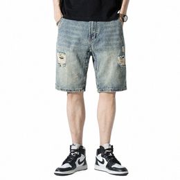 men Loose Shorts Mens Denim Shorts Hip Hop Ripped Hollow Out Wide Leg Cott Retro Blue 2022 Summer Short Jeans Male Oversized 04Cy#