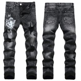 streetwear Angel Print Letter Jeans Men's Black Slim Ripped Stretch Skinny Jeans Highstreet Biker Denim Pants Men Brand Clothing D4a1#