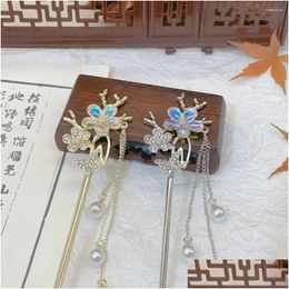 Hair Clips Barrettes Pearl Tassel Flower Rhinestone Stick Chinese Style Ancient Sticks For Long Hanfu Headwear Alloy Drop Delivery Jew Otef0