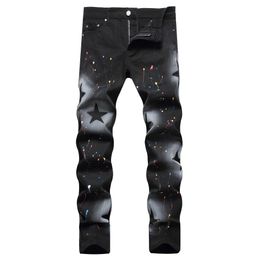 Men's Jeans Stylish Black Star Graphic Jeans For Men Hand Painted Skinny Fit Stretchy Males Streetwear J240328