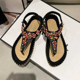 Sandals Retro Bohemian Beaded Flowers Flat Heeled Women Summer Open Toe Woman Elastic Strap Rome Shoes Sandalias jer H240328YKGH