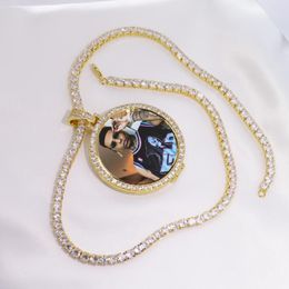 Pendant Necklaces Round Po Custom Made Medallions Picture Necklace & Tennis Chain Gold Colour Cubic Zircon Men's Hip Hop Je184w