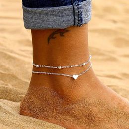 Anklets LETAPI Two Layers Chain Heart Style Gold/Silver Colour For Women Bracelets Summer Barefoot Sandals Jewellery On Foot Leg