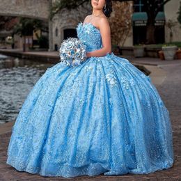 Sky Blue Shiny Quinceanera Dress Off The Shoulder Beading Appliques Sparkling Ball Gown Birthday Formal Party Gown Robes De Soiree