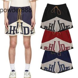 Rhude Contrasting Color Patchwork Printed Elastic Drawstring Basketball Shorts Casual Mesh Comfortable Five Point for Men and Women