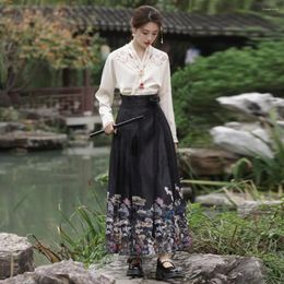 Work Dresses Women Top Skirt Suit Elegant Long Women's Floral Embroidered Hanfu Costume Set With Horse-face V For Mamianqun