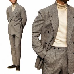 fi Grey New Men Suit Tailor-Made 2 Pieces Blazer Pants Double Breasted Plaid Wide Lapel Tuxedo Wedding Groom Prom Tailored D6gm#