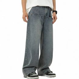 men Spring and Summer Casual Pants Rivet Frt Pockets Vintage Loose Straight Wide Leg Damaged Hem Design The Ankle Jeans 93fy#