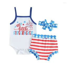 Clothing Sets Baby Girls Shorts Set Sleeveless Letters Print Romper With Stars Striped Hairband Summer Outfit For Independence Day