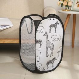 Laundry Bags Black Storage Basket For Dirty Clothes Debris Home Giraffe Printed Polyester Mesh Fabric Organizers