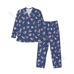 Men's Sleepwear Pajama Sets Hand Drawn Sailing Yachts Long Sleeve Leisure Outwear Autumn Winter Loungewear