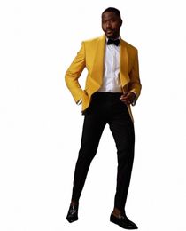 yellow Shawl Collar Coat Black Trousers Men'S Wedding Clothing Male Blazer Trousers Costume Homme Slim Fit 2pcs Jacket Outfit x984#