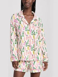 Home Clothing Women S Summer Loungewear Set Wine Bottle Print Long Sleeve Lapel Button Tops With Elastic Waist Shorts Sleepwear