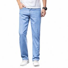brand Clothing Summer Lyocell Jeans Men Thin Loose Straight Stretch Denim Pants Light Blue Classic Trousers Large Size 40 42 44 N7AM#