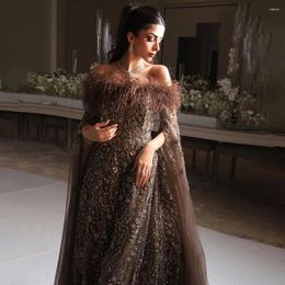 Party Dresses Serene Hill Brown Feathers Beaded Evening With Cape Sleeves A-Line And Gown For Women's Wedding 2024 LA72401