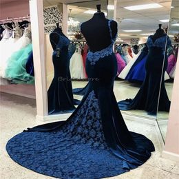 Navy Blue Prom Dresses For Black Girls Mermaid Velvet Evening Dress Spaghetti Straps Blue Lace Backless Elegant Formal Dress Ceremony Party Gowns Vestios Fiesta
