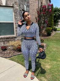 STYLISH LADY Geometrical Printed 2 Piece Set Women Long Sleeve Crop Top and Skinny Pant Suits 2024 Spring Sexy Club Party Sports Tracksuits