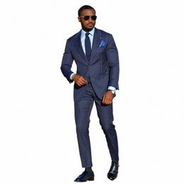 vertical Stripe Men's Suit Slim Fit Blazer Sets For Busin Navy Blue Tuxedos 2 Pieces Jacket And Pants Wedding Groom Wear b2z4#