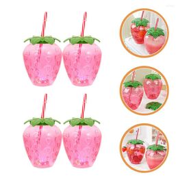 Wine Glasses 4 Sets Clear Water Cup Straw Beverage Bottle Strawberry Juice Cups Drinking