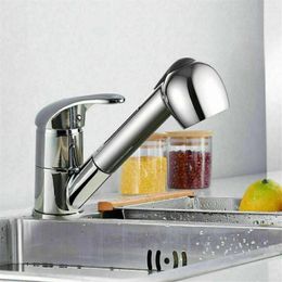 Kitchen Faucets Faucet Solid Brass Single Hole Pull Out Spout Sink Mixer Tap Stream Sprayer Head Silver Cold