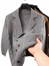 high end brand lapel mens cardigan sweater autumn and winter Korean fi pocket design busin casual knitted sweater jacket J49e#