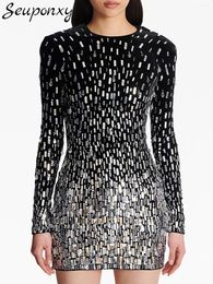 Casual Dresses High Quality Women'S Black Mini Dress Sexy O-Neck Long Sleeved Heavy-Duty Sequin Crystal Celebrity Party Club Vestidos