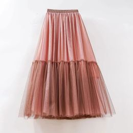 Maxi Long Tulle Skirts For Women Black Gothic Pleated Skirt Casual Party Layered Tutu Patchwork 240326