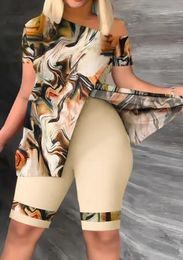 Two Piece Sets Womens Outifits Summer Fashion Tie Dye Print Split Hem Skew Neck Short Sleeve Top Casual Daily Shorts Set 240328