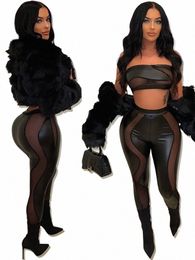 mesh Faux Leather Patchwork Women 2pcs Set Strapl Crop Tops and Leggings Set Sweatsuit Tracksuit Two Piece Set Outfit O3FG#